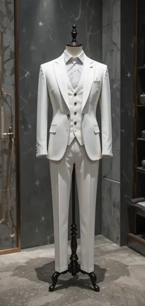 White formal three-piece suit styled with a vest and white shirt.