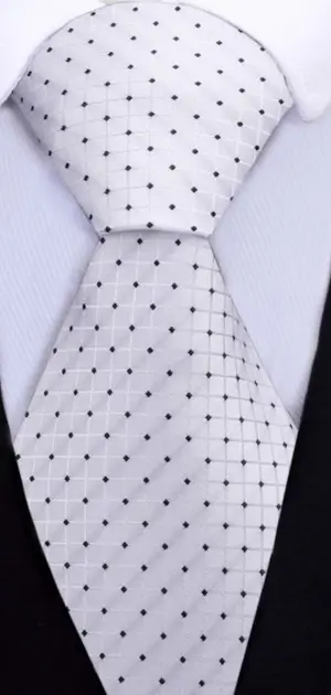 Men's white tie with black dotted geometric pattern, ideal for elegant occasions white tie suit for men.