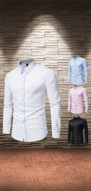 Variety of minimalist men’s formal dress shirts in classic and modern colors and minimalist t shirt ideas.