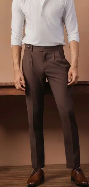 Brown office pants for men paired with a white shirt and brown shoes best men's office pants.