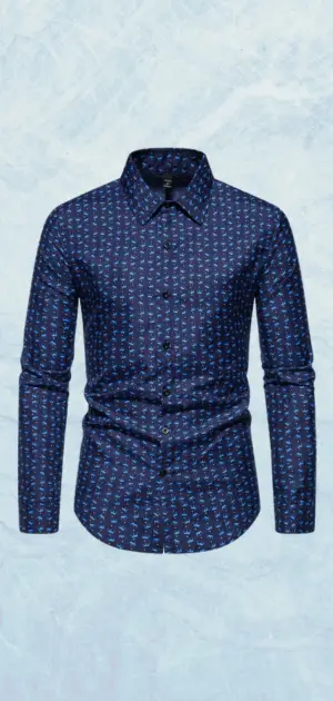 Elegant dark blue shirt with a vibrant, multicolored plaid design, perfect for formal occasions.