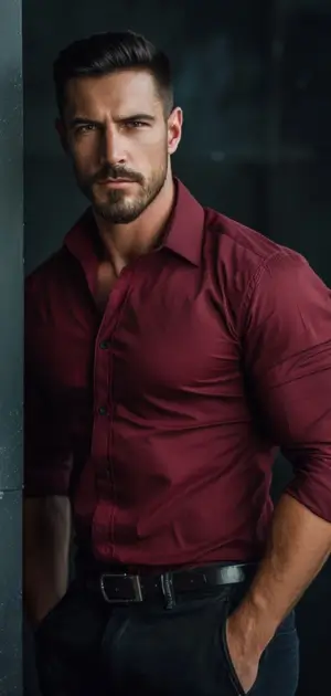 A stylish man poses confidently in a deep red sports formal dress shirt, exemplifying elegance.