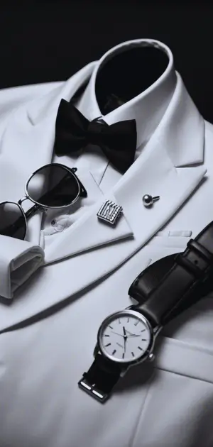 White suit with navy blue pocket square and lapel pin