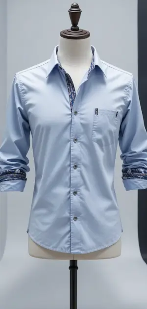 Light blue button-up shirt with patterned cuffs on a beige mannequin.