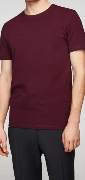 A dark red crew neck t-shirt for men, perfect for versatile outfits.