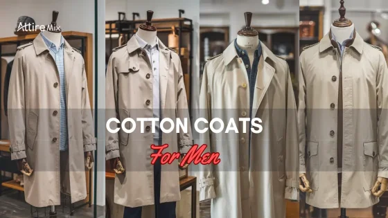 Four cotton coats for men displayed on mannequins in beige tones