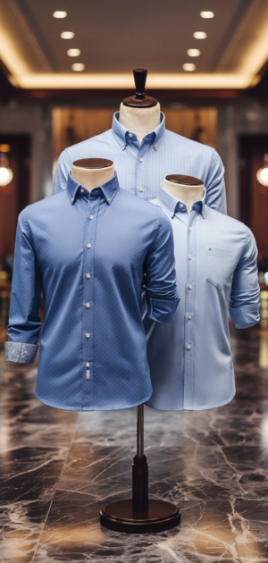 Blue and white cotton formal dress shirts displayed on mannequins
