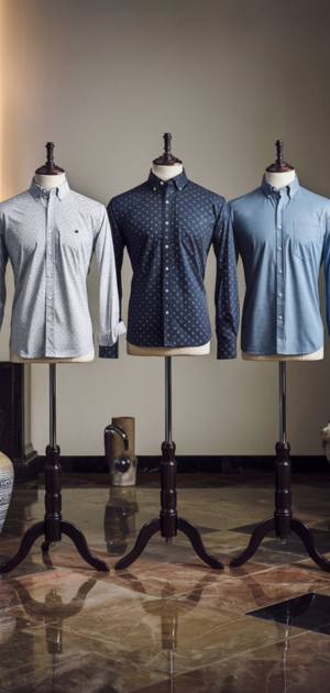 Three cotton formal shirts in patterns and solids on wooden mannequins