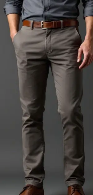 Man in grey cotton trousers with a dark shirt and brown dress shoes