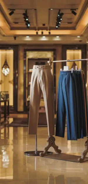 Beige and navy cotton pants showcased on a sleek stand in a modern boutique