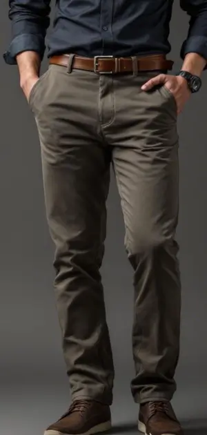 Man wearing olive green cotton trousers with a dark shirt and brown casual shoes.