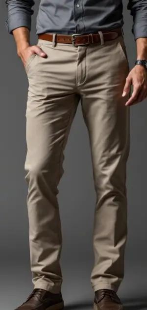 Man in light khaki cotton trousers with a dark grey shirt and brown shoes