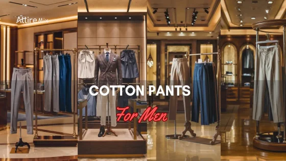 Cotton Pants For men displayed on hangers in a luxury clothing store