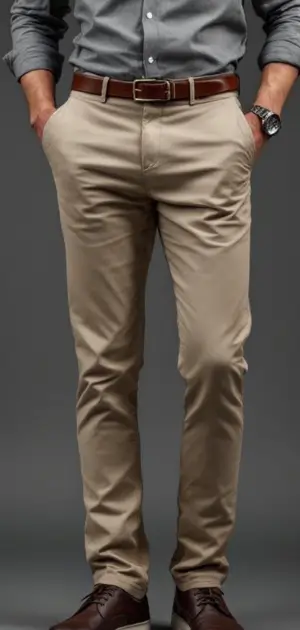 Man wearing beige cotton trousers with a brown belt and dark brown shoes