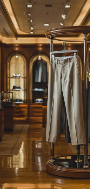 single pair of beige cotton pants displayed on a circular rack in a sophisticated store setting.