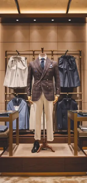 mannequin dressed in formal attire with white cotton pants, surrounded by luxury clothing displays
