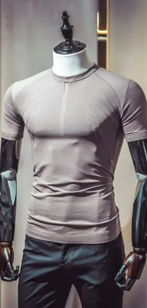 Beige crew neck t-shirt with subtle abstract lines, paired with formal trousers