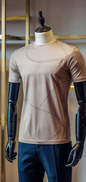 Beige cotton t-shirt with abstract stitched patterns and short sleeves