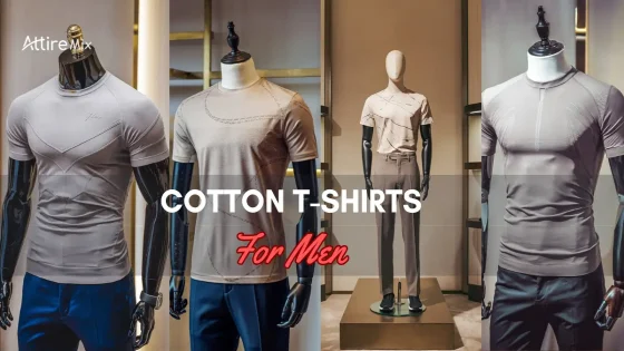 Collection of cotton t-shirts for men in beige tones featuring unique stitching and patterns.