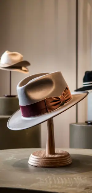 Designer hats for men showcased on wooden pedestals