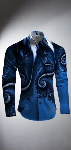 Party wear formal dress for men blue formal shirt adorned with detailed swirl patterns designed.