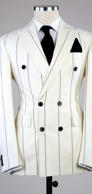 White formal suit for men pinstriped suit with black detailing, tie, and pocket square.