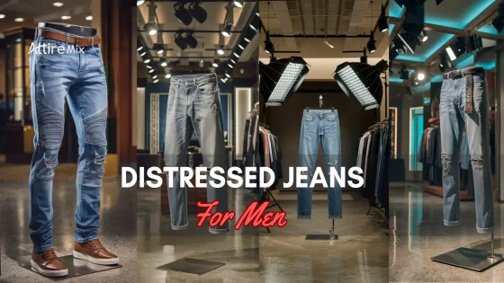 Collage of Distressed Jeans For men styles displayed in modern retail settings