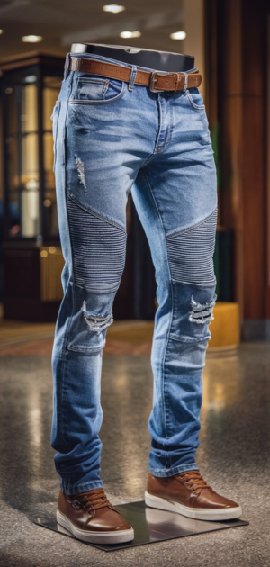 Light blue ripped jeans with cuffs displayed in a contemporary boutique
