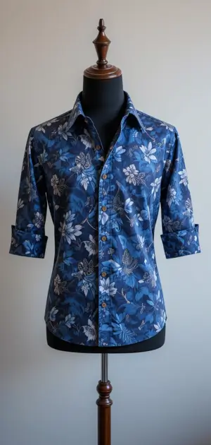 Blue floral button-up shirt on a black mannequin with a wooden stand. 