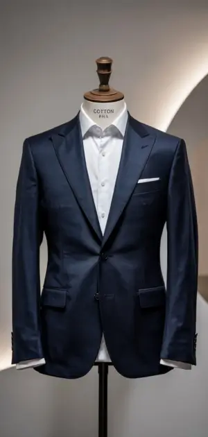 A dark blue formal blazer with a white dress shirt and pocket square is displayed on the mannequin.