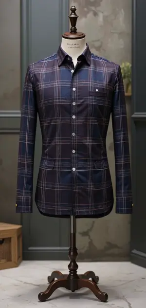 A slim-fit dark plaid dress shirt with buttoned cuffs on a mannequin.