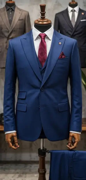 A sophisticated royal blue suit on a mannequin with a maroon tie.