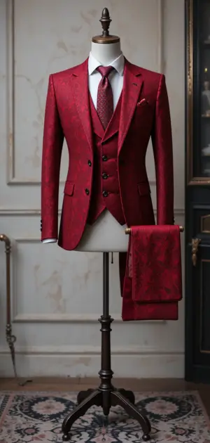 Mannequin dressed in a red jacquard three-piece formal suit with vest.
