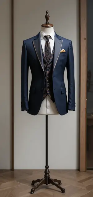 Dark blue blazer with patterned waistcoat, white shirt, and orange pocket square on a wooden mannequin.