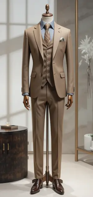 A mannequin in a tan three-piece suit, striped tie, and brown shoes is in a modern room.