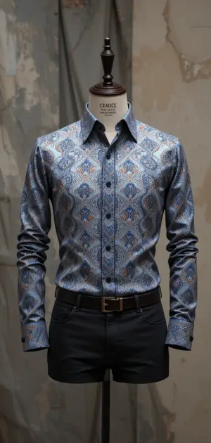 Mannequin in a blue floral dress shirt and black shorts on a wooden stand.