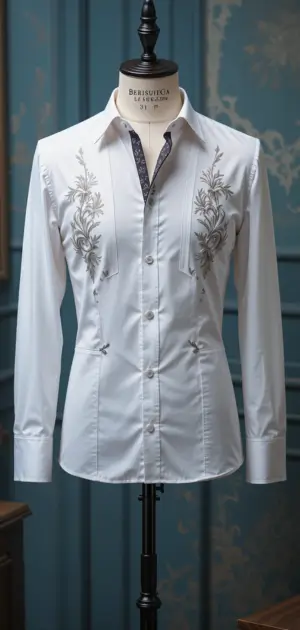 A white dress shirt with floral embroidery displayed on a mannequin.