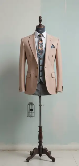 Mannequin in a beige formal suit with a blue vest and printed tie.