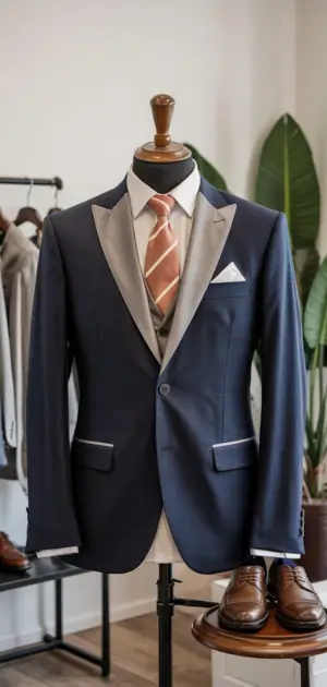 Navy-blue formal suit with grey lapels, beige tie, and elegant details.