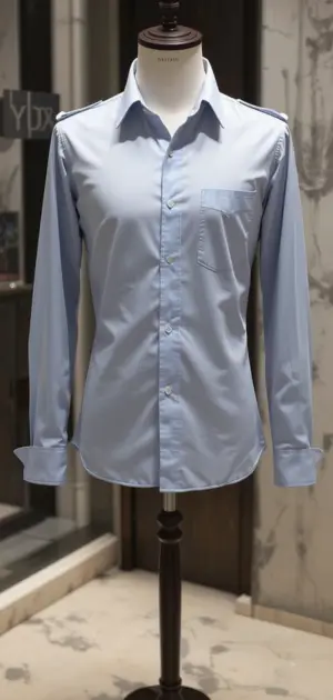 An Elegant, light blue, formal dress shirt is displayed on a mannequin.
