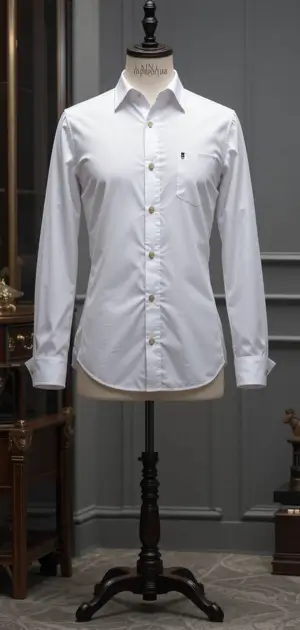 A white dress shirt with a small logo on the pocket displayed on a mannequin.