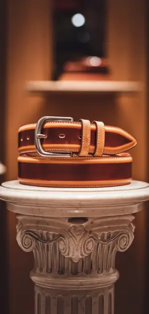 Cinnamon brown leather belt on classical column