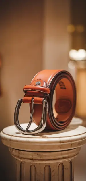 Orange leather belt with silver buckle on column