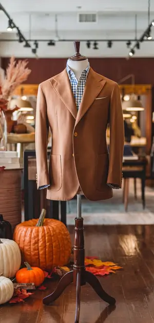 Fall blazer with plaid shirt and pumpkins.