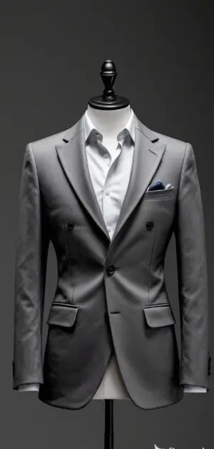 Grey double-breasted blazer with white shirt and blue pocket square
