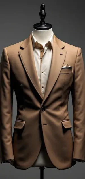 Camel-colored blazer with beige shirt and pocket square on a mannequin