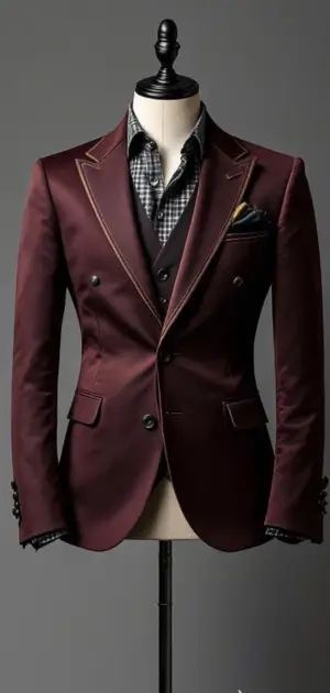 Burgundy double-breasted blazer with checkered shirt and pocket square