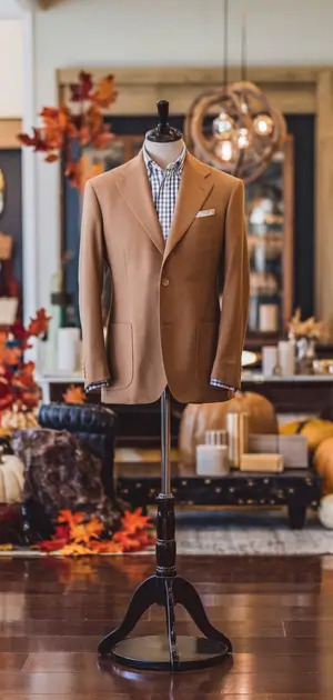 Blazer with checkered shirt in fall-themed interior