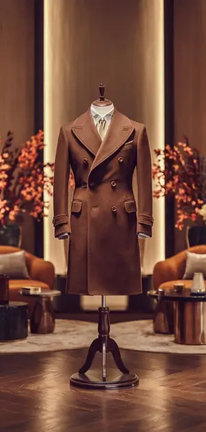 Brown coat for fall in a modern store interior