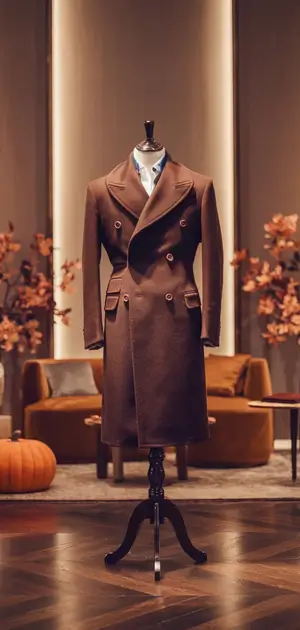 Classic brown men's fall coat with formal styling.